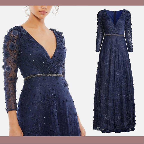 NEW $798 Mac Duggal [ 8 ] Floral Applique Long Sleeve Wrap Gown‎ Blue - Picture 2 of 16